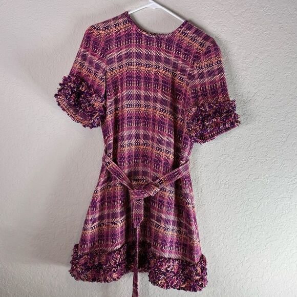 Cinq à Sept 5à7 Purple Tweed/Bouclé Fringe Belted Mini Dress Size 6 - Picture 2 of 11